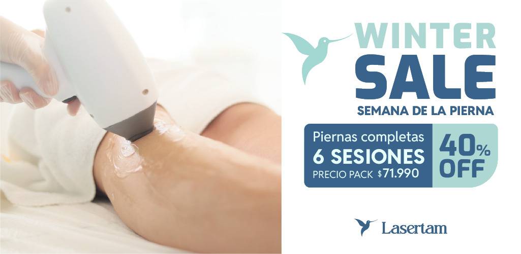 Person receiving a leg treatment with a handheld device on a couch, advertising a Winter Sale banner for Lasertam on the right.