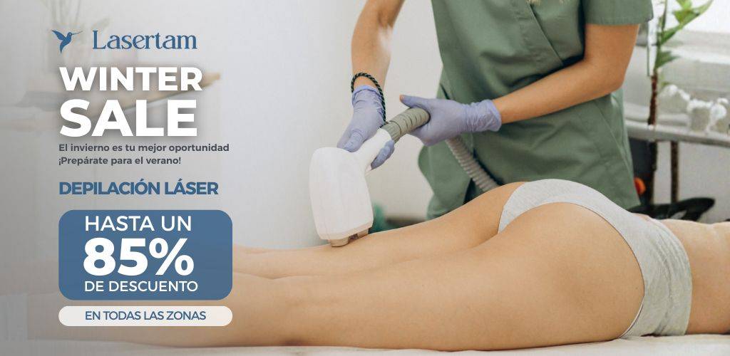 Promo banner for Lasertam Winter Sale offering up to 85% off on laser hair removal, showing a technician treating a client's legs with a laser device.
