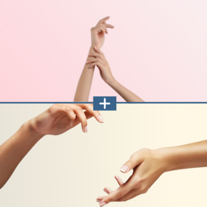 Two pairs of hands reach toward each other across a pink and cream split, with a blue plus sign between them, suggesting connection or addition by collaboration.