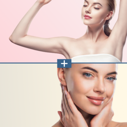 Split-screen collage: top shows a woman raising her arms with a pink backdrop; bottom shows a smiling woman touching her face against a light background.