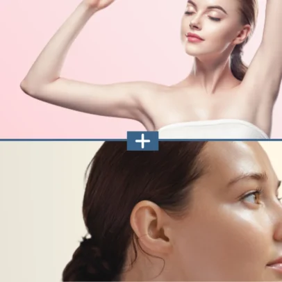 Collage of two beauty images: top shows a woman stretching with arms raised against a pink backdrop; bottom shows a close-up profile of a woman with clear skin, divided by a blue plus sign.