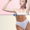 Composite image of a woman with arms raised above a pink background on top and a toned midsection in white underwear below, split by a blue divider with a white plus sign.