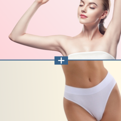 Composite image of a woman with arms raised above a pink background on top and a toned midsection in white underwear below, split by a blue divider with a white plus sign.