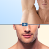 Split-screen image: top shows a bare underarm/neck area, bottom shows a man's mouth and jaw with light facial stubble; divider with a plus symbol between them.