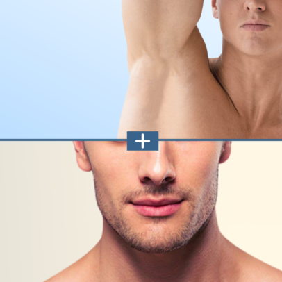 Split-screen image: top shows a bare underarm/neck area, bottom shows a man's mouth and jaw with light facial stubble; divider with a plus symbol between them.