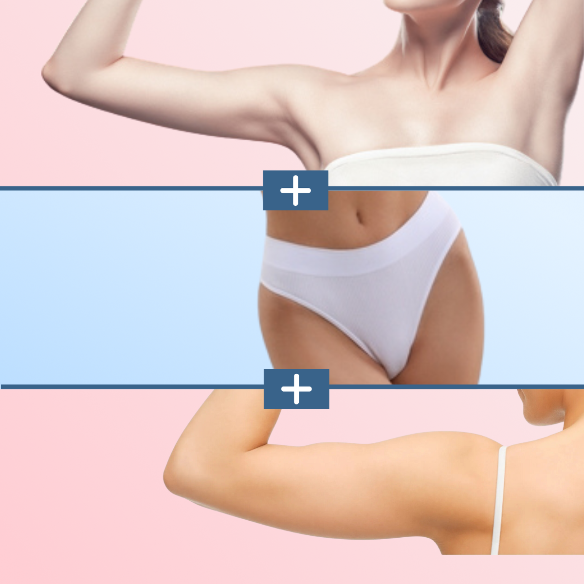 Collage of three body areas (upper arm, abdomen, and hip) separated by blue lines with plus signs, suggesting combined cosmetic treatments.