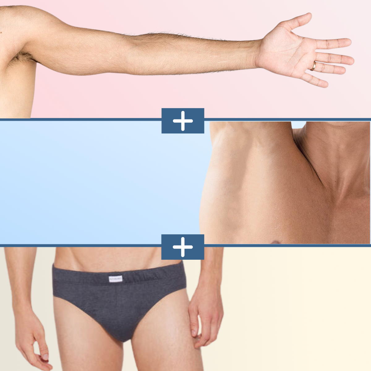 Three-panel body collage showing an outstretched arm at the top, a bare torso in the middle, and a man wearing dark briefs at the bottom, with plus symbols separating the panels.