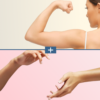 Split-screen collage: a flexed upper arm on top and an open hand reaching from below, separated by a plus sign in the middle.