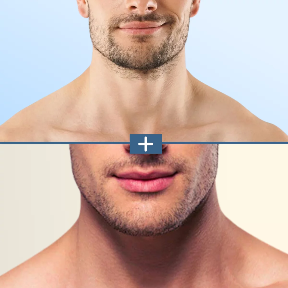 Split-screen image comparing a clean-shaven jawline (top) with short beard stubble (bottom).