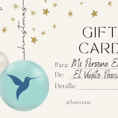 Gift card design with gold stars and hanging ornaments, featuring fills for recipient, sender, and details.