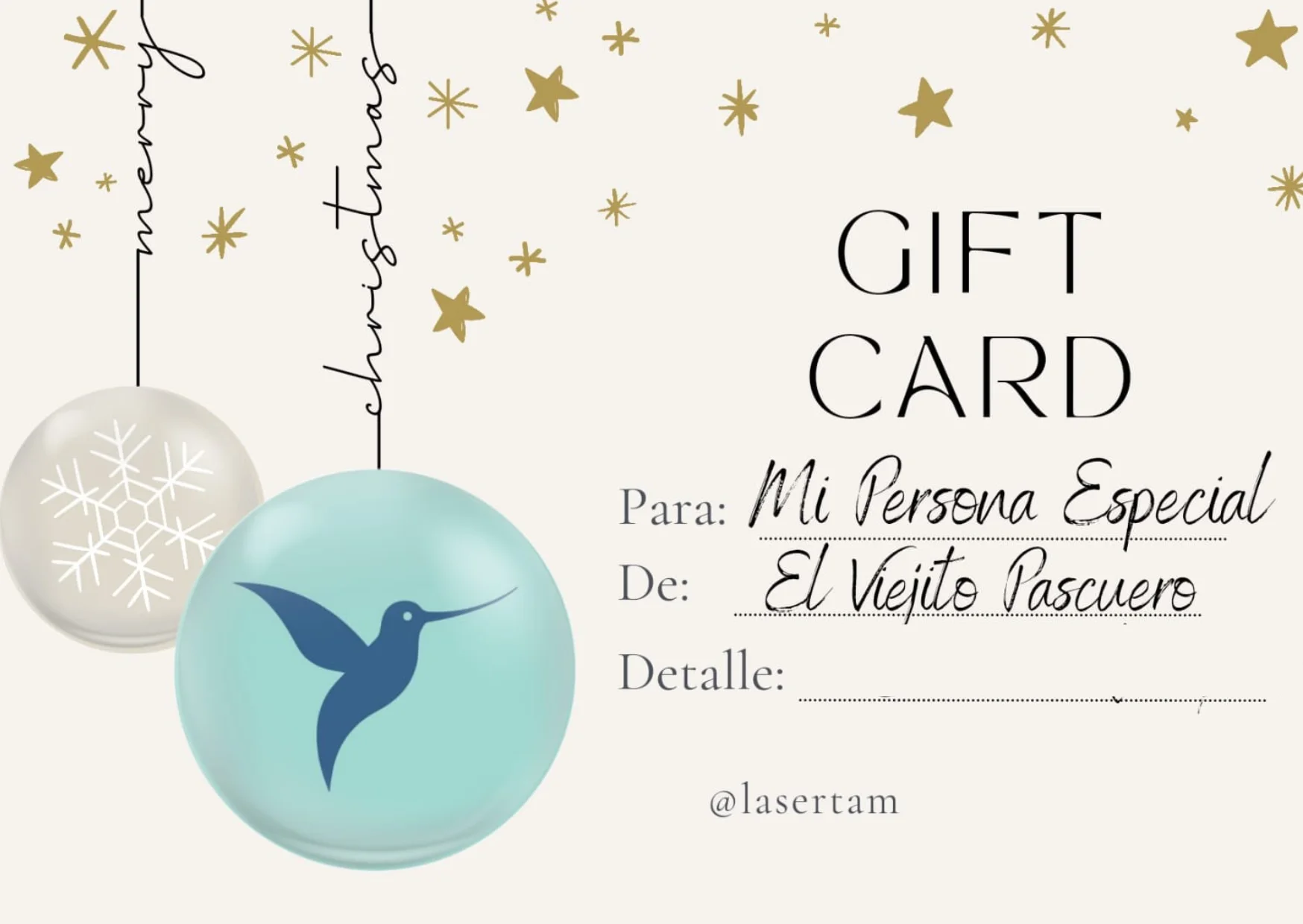 Gift card design with gold stars and hanging ornaments, featuring fills for recipient, sender, and details.