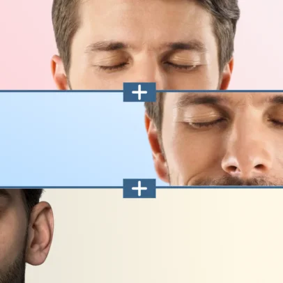 Triptych of men with eyes closed, arranged in horizontal panels with colored backgrounds and divider plus marks, suggesting sleep or relaxation.