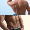 Split-screen fitness image showing a sculpted back above and a toned abdomen below, with a plus sign in the center indicating a transformation.