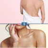 Side-by-side collage of a woman with a towel around her back (top) and a close-up of her face and bare shoulder touching her cheek (bottom), suggesting spa or skincare treatment.