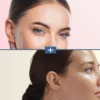 Split image: top close-up of a blue-eyed woman against pink, bottom side profile of another woman; a plus sign between them.