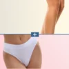 Split image showing legs at the top and a bikini area at the bottom, divided by a blue bar with a plus sign between sections.