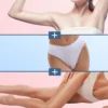 Composite image of a woman's torso, midsection, and legs in white underwear, divided by pink and blue panels with plus signs, suggesting body contouring or enhancement.