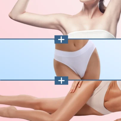 Composite image of a woman's torso, midsection, and legs in white underwear, divided by pink and blue panels with plus signs, suggesting body contouring or enhancement.