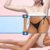 Montage of a bikini-clad woman shown in three stacked panels with plus signs, suggesting body contouring or fitness.
