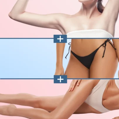 Montage of a bikini-clad woman shown in three stacked panels with plus signs, suggesting body contouring or fitness.