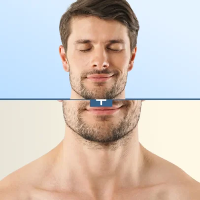 Split-face portrait: top half clean-shaven with blue background, bottom half bearded with beige background and a divider bar in the center labeled 'T'
