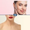 Split collage of a woman's face above and a close-up of red lips below, with a blue divider and a plus sign linking them.