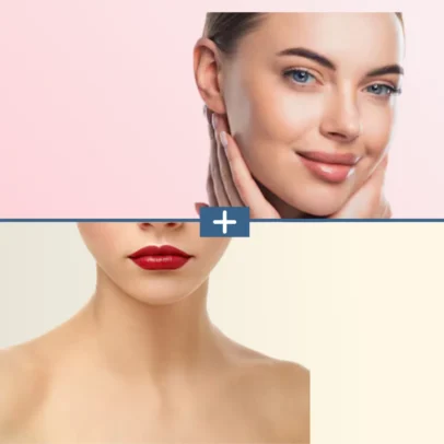 Split collage of a woman's face above and a close-up of red lips below, with a blue divider and a plus sign linking them.