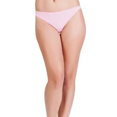 Model wearing light pink bikini bottom, cropped at the waist and mid-thighs.
